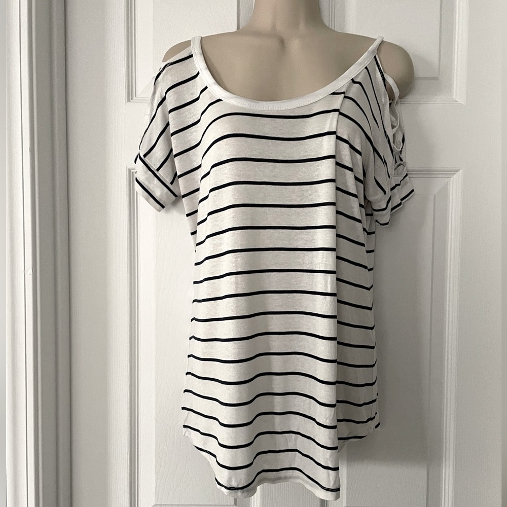 White & Black Striped Open Sleeve Top